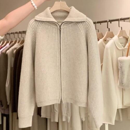 Women Solid Sweater Outwear Tops 2021 New Autumn Winter Elegant Loose Lapel Thick Warm Knitted Cardigan Female Sweaters Coat