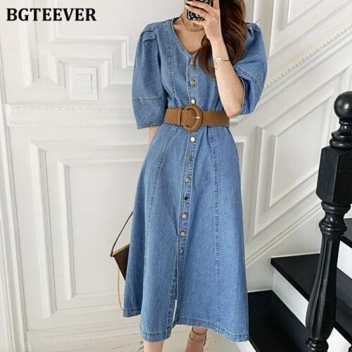 BGTEEVER Vintage Chic V-neck Slim Waist Belted Sashes Female Denim Dress 2021 Summer Puff Sleeve Single-breasted Ladies Vestidos