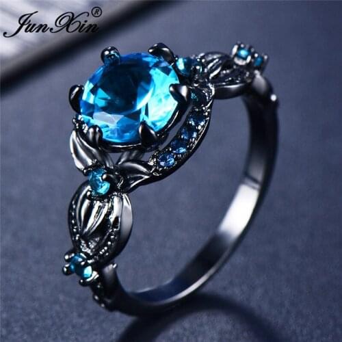 Luxury Female Blue Crystal Stone Ring Charm Black Gold Big Wedding Rings For Women Vintage Rainbow Round Engagenment Ring