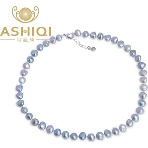 ASHIQI Real Natural Freshwater Baroque Pearl Necklace For Women 9-10mm Black Gray Pearl Jewelry