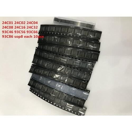 100PCS/LOT 24C01 24C02 24C04 24C08 24C16 24C32 93C46 93C56 93C66 93C86 SOP8 IC each 10pcs EEPROM KIT Memory chips
