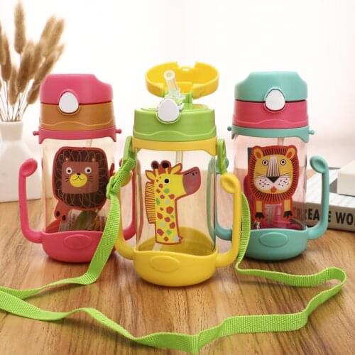 400ML Kids Children Learn Drinking Cups Straw Feeding Bottle Cup with Handle Cute Double Handle Kids Water Juice Drink Bottle