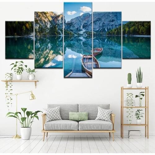 Pictures Canvas Wall Art 5 Pieces Mountain Lake Ship And Blue Sky White Cloud Scenery Modular Painting Decor Room Frames Prints