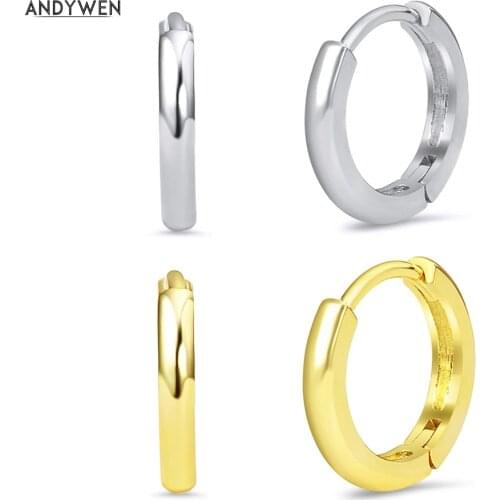 ANDYWEN 925 Sterling Silver 8.4mm Plain Gold Huggies Earring Women Middle Hoops Loops Circle Round Ring Ear Luxury Jeweklry
