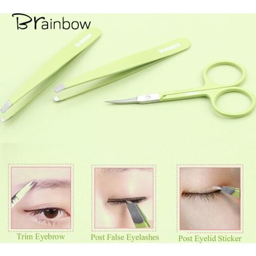 Brainbow 3pc Professional Makeup Tool Set Kit Stainless Steel Slant Flat Eyebrow Tweezer Eye Hair Removal Curved Makeup Scissors