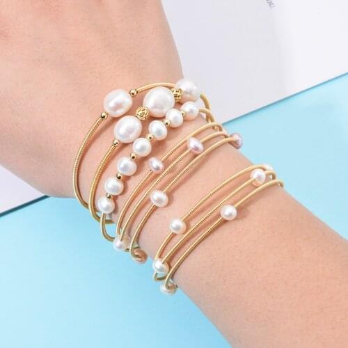 ZMZY Gold color Wire Coiling Bangles For Women Natural Tahitian Pearl Bracelet Unique Design Wedding Party Jewelry Gift Girls