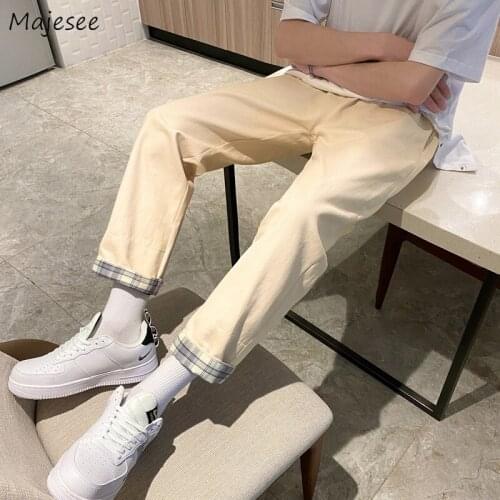 Plaid Cuffs Casual Pants Men Couples Oversized M-3XL Simple Retro Straight Ankle-length Trousers High Street Loose Pantalones