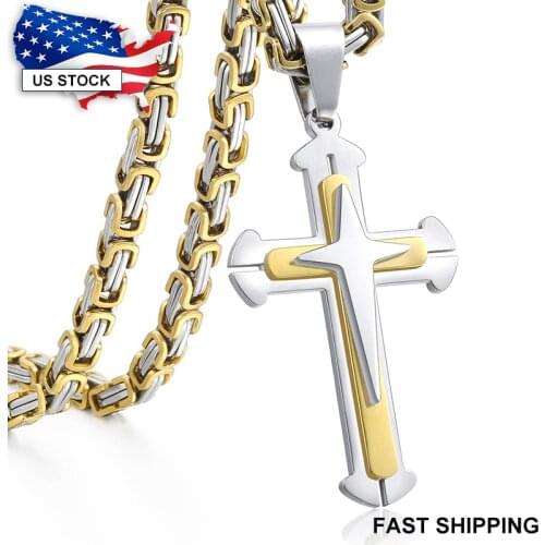 Womens Mens Cross Pendant Necklace Black Gold Silver Color Stainless Steel Byzantine Link Chain Jewelry Gifts Wholesale LKP179