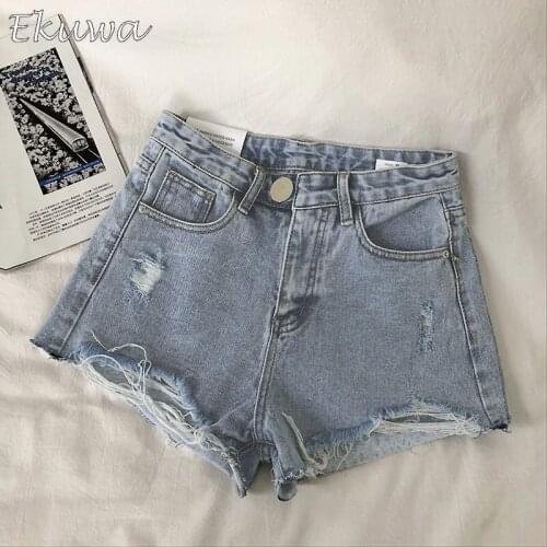 EKUWA 2021 Chic Fashion Women Short Denim Pants Sexy Wide Leg Pants Korean Back Pockets Jeans Ripped Women High Waisted Jeans