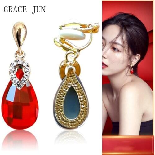 GRACE JUN New Arrival Gold Color Rhinestone Crystal Water Drop Clip on Earrings Women Fashion Statement Ear Cuff Earrings