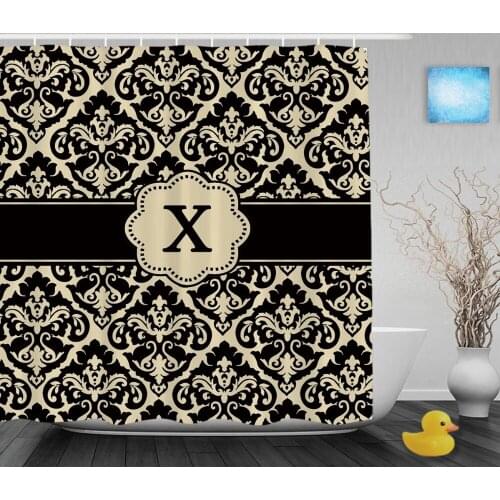 Customized Shower Cutains Black Tan Damask Monongram Personalized Bathroom Shower Curtains Polyester Fabric With Hook