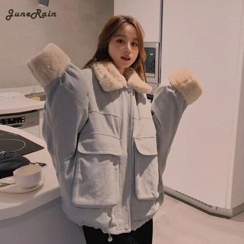 JuneRain Women Winter Kawaii Fur Collar Coat Lady Parkas Thick Velvet Loose Cute Jacket Female Sweet Thick Warm Outwear Clothing