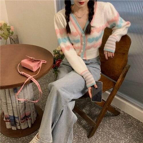 Autumn new style V-neck color love heart cardigan short section knit sweater women