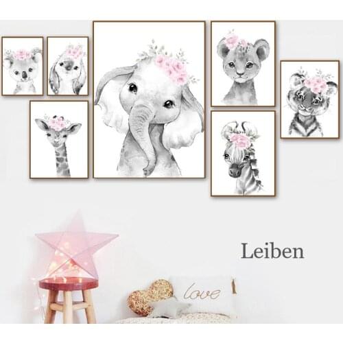 Cute Cartoon Animal Canvas Painting Giraffe Lion Elephant Wall Art Poster Childrens Room Picture Baby Room Bedroom for Decor