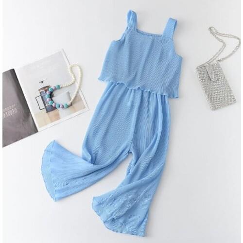 Baby Girls Jumpsuits Kids Fashion Toddler Girl Summer Sleeveless Chiffon Outfits Children Clothes Solid Pleated Suits