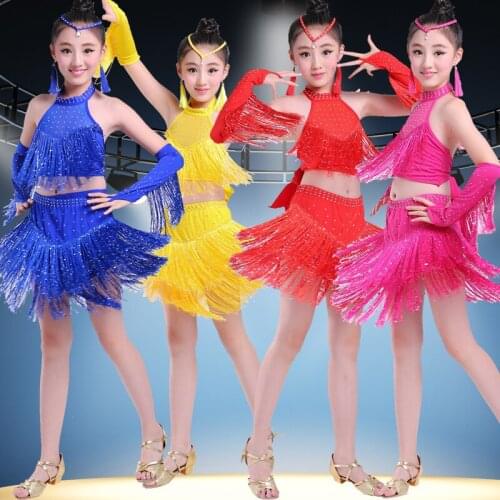 Rhinestone Fringe Latin Costumes 2-piece Set For Girls Top + Skirt Sequin Tassel Childrens Dance Dress Stage Clothing Dancewear