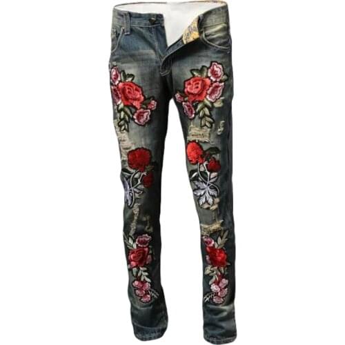 Fashion Rose Embroidered Zipper Hole Ripped Jean Men Slim Fit Motorcycle Vintage Denim Jeans Retro Hiphop Streetwear Biker Pants