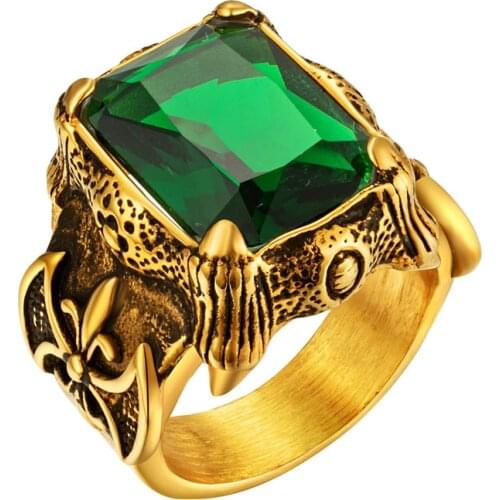 Mens Gold Color Vintage Gothic Dragon Claw Biker ring Band green CZ Crystal ,stainless steel fashion cross finger ring jewelry