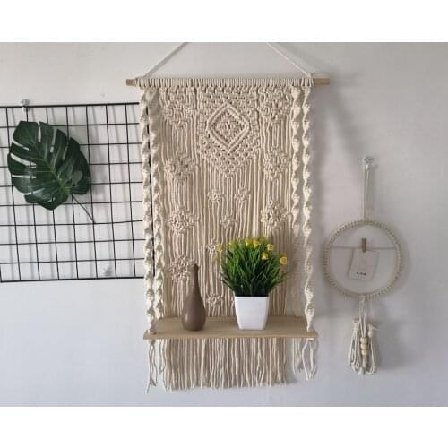 Hand-Woven Macrame Wall Hanging Tapestry Planter Basket Wooden Shelves Boho Style Tassel Home Decor Wall Mounted Storage Rack