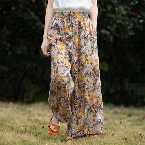 NINI WONDERLAND 2021 Summer New Thin Tencel Linen Print Flowers Trousers Elastic Waist Loose Casual Pants Women Wide Leg Pants
