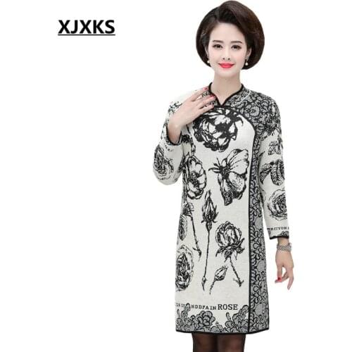 XJXKS New 2019 Autumn And Winter Clothes Women Long Sleeve Knitted Plus Size Long Sweater Vintage Sweater Dress