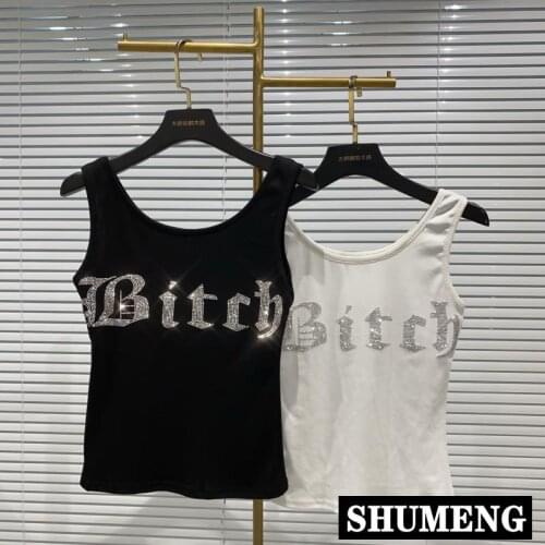 2020 Summer New Rhinestone Letter Hot Drilling Shiny Tank Top Solid Color Female Streetwear Base Shirt Vest Student Cropped Top