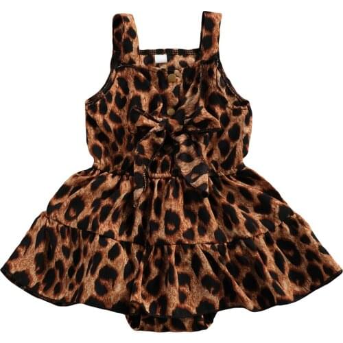 New Baby Girls Romper Dress Leopard Print Ruffles Sleeveless Bowknot Jumpsuits 0-18M