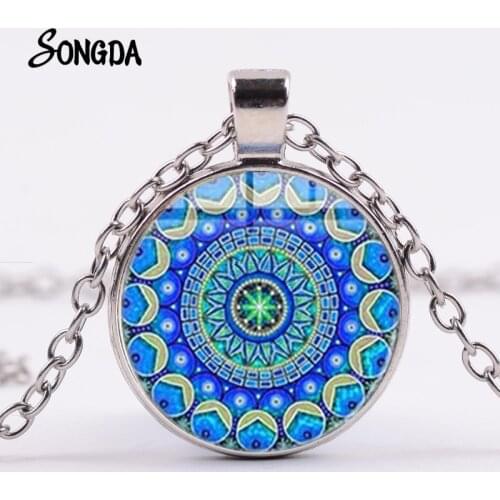 Charm Blue Pink Mandala Necklace Geometric Flower of Life OM Yoga Spirital Pendant Crystal Women Lucky Jewelry Multistyle