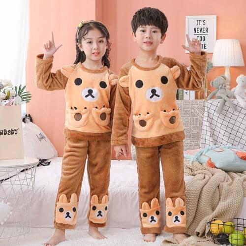 Baby Boy Girl Clothes Pajamas Set Flannel Fleece Toddler Child Warm Catoon Bear Sleepwear Kids Home Suit Thicken Home Clothes