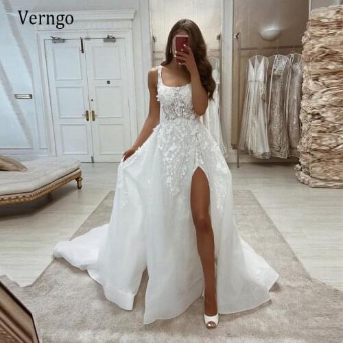 Verngo 2021 3D Floral Lace Applique Mermaid Wedding Dress With Removable Train Straps Side Slit Sexy Gardern Bridal Gowns