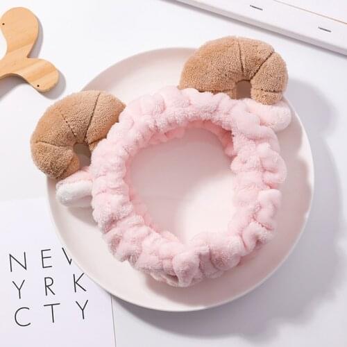 Cute Pink Sheep Horns Ears Hair Bands Women Girls Wash Face Makeup Headbands Hair Accessories Plush Elastic Hairbands Headdress