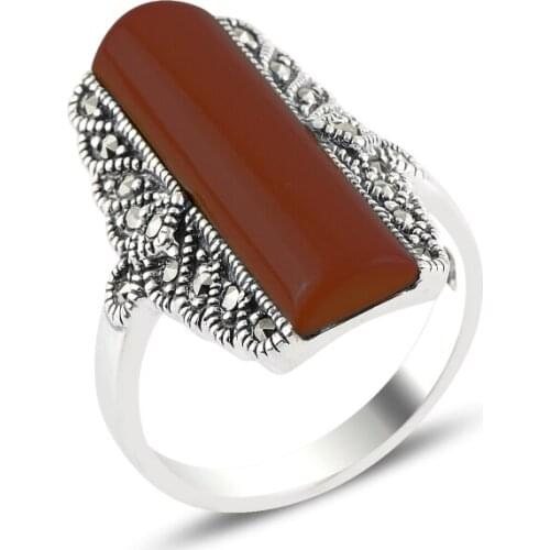 Silver 925 Sterling Red Agate & Marcasite Ring