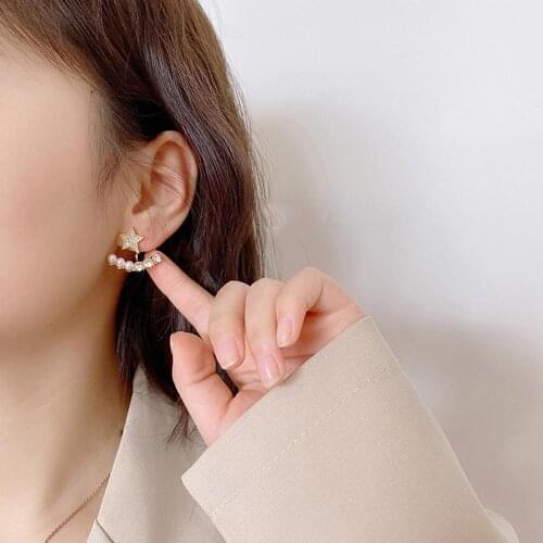 Simple Pearl Rhinestone Ear Studs Back Hanging Earrings Simple Metal Hollow Geometric Sparkling Pentagonal Star Pearl Ear Studs