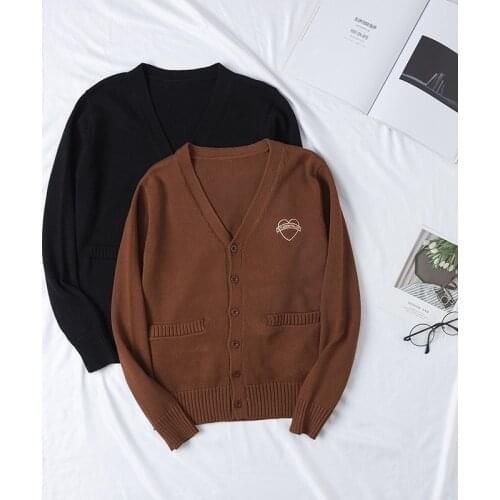 School Dress Students Sweater Black And Brown Heart Shape Embroidered Ladies School JK Uniform Outerwear Sweater Coat For Girls