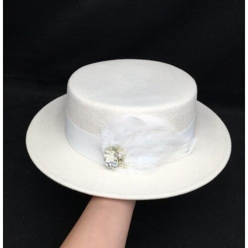 New winter wool French grace Flat hat black and white feather hats diamond design fashion felt hat