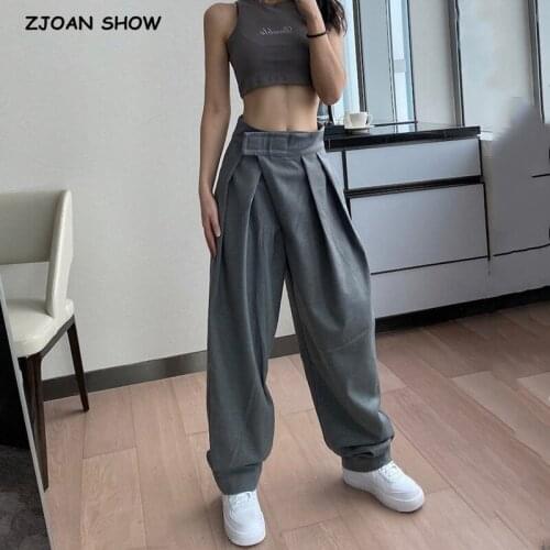 2020 High Waist Woolen Loose Wide Hip Hop Pants Cool Girl Pleated Ruched Sports Trousers Women Joggers Streetwear Leisure Pants