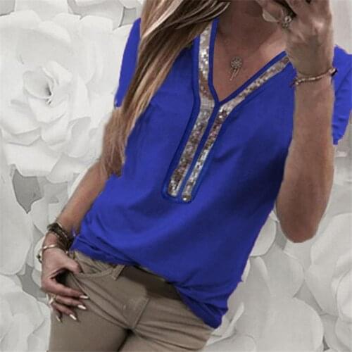 Womens T-Shirt 2021 Summer Fashion Sequin Patchwork V Neck Tops Casual Loose Short Sleeve Female T-Shirt Tees Top Plus Size