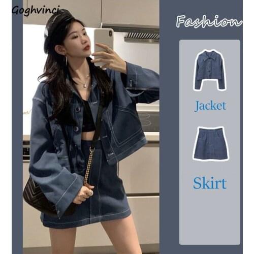 Women Sets Full Sleeve Single Breasted Jackets High Waist A-line Skirt Streetwear Vintage Outfits Korean Style Loose Chic Girls