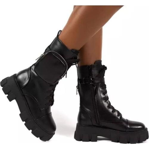Winter Fashion Motorcycle Boots Wedges Flat Boots Woman High Heel Platform Leather Boots Lace Up Women Shoes Black Botas Mujer