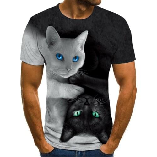 020 simple fashion mens and womens T-shirt cute black and white cat print 3d T-shirt short-sleeved T-shirt men and women casua