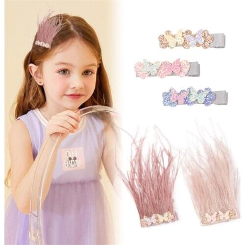 10pcs/lot INS Glitter Butterflie Heart Hair Clips Barrette with Feather Princess Hairpins Children Kids Hair Accessories