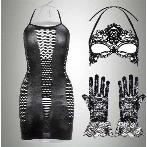 3 IN 1 Set Exotic Dress+Mesh Jacquard Gloves+Lace Mask Ball Masquerade Women Underwear Fishnet Bodystockings Teddies Mujer