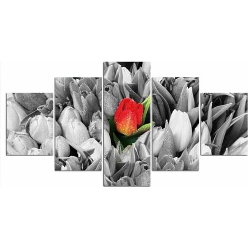 5 Pcs Canvas Pictures Print Wall Art Canvas Red and Grey Lily Flower Blooming Paintings Wall Decor for Living Room Unframe