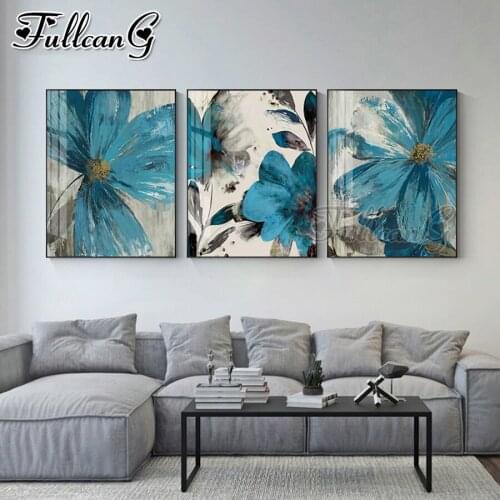 FULLCANG 5d diy diamond embroidery sale vintage blue paint flowers painting triptych full square round drill decoration FC3550