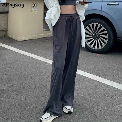 Wide-leg Pants Women Loose Full-length Shirring Ulzzang Chic Pockets High Waist Drawstring Workout Trouser Casual Female Ins BF