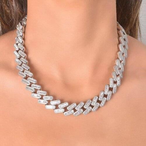 New 15mm Baguette Prong Cuban Link Necklace CZ Iced Out Chain Hip Hop Fashion Luxury Bling Silver Color Choker Chain For Gift