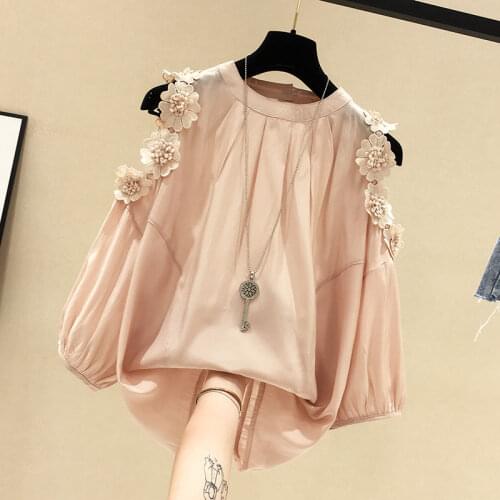 Flower Off shoulder Top Short sleeve Women Chiffon blouse Plus size Summer Loose Casual Tops Ladies Puff sleeve Solid color