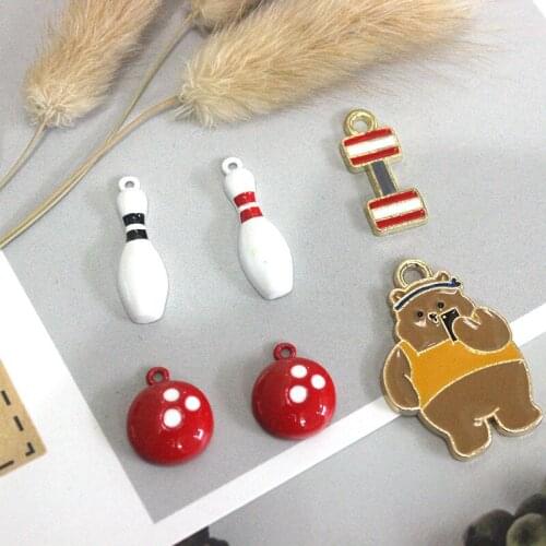 10pcs/lot Sports equipment bowling dumbbell bear Pendants animal Enamel Charms for DIY Earring Jewelry Handmade Finding XL717