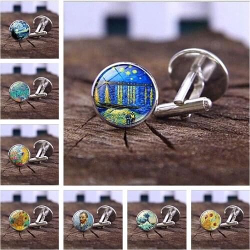 Van Gogh Oil Painting Man Shirt Cufflinks High Quality Starry Night Sunflower Art Pattern Exquisite Male Cuff Links Button Gifts