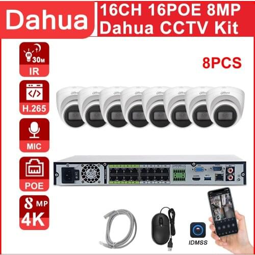 Dahua 16CH CCTV Kit 8MP 4K NVR NVR5216-16P-4KS2E 16 POE Port Two Way Talk IPC-HDW2831T-AS-S2 Built-in Microphone APP Remote view